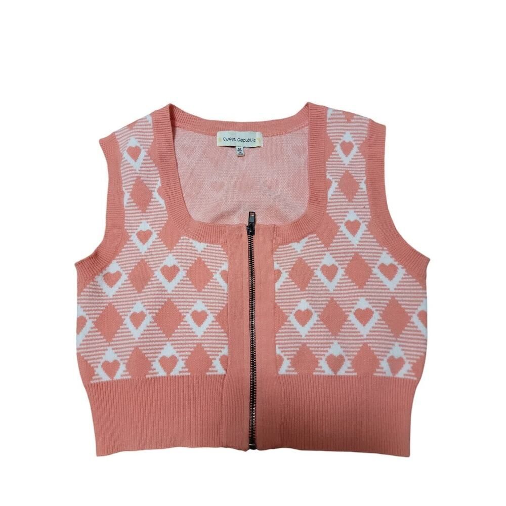 SWEET REPUBLIC CHALECO COLOR CORAL ROMBO CORAZONES CREMALLERA EN FRENTE SIZE M